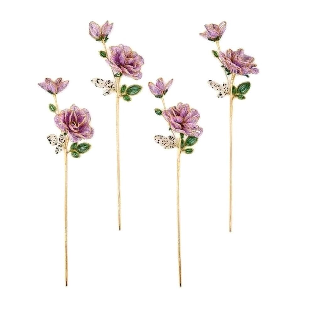 NEW MacKenzie-Childs Purple Rose Beaded Flower Stems Set of 4